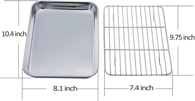 TeamFar Toaster Oven Pan with Cooling Rack, 10.4"x 8"x1" Toaster Oven Tray | Stainless Steel Toaster Oven Pan with Baking Wire Rack for Cooking, Healthy & Non Toxic, Mirror Finish & Dishwasher Safe