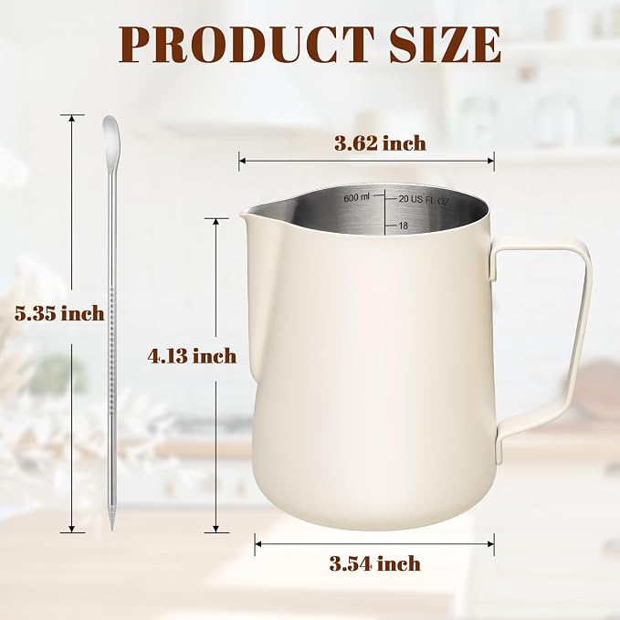 Amrules Milk Frothing Pitcher 20oz Frother Cup Barista Tools, White | 18/8 Stainless Steel, 20oz Capacity with Clear Scale, with Decorating Pen, Ergonomic Handle, for Cappuccino, Latte & Espresso