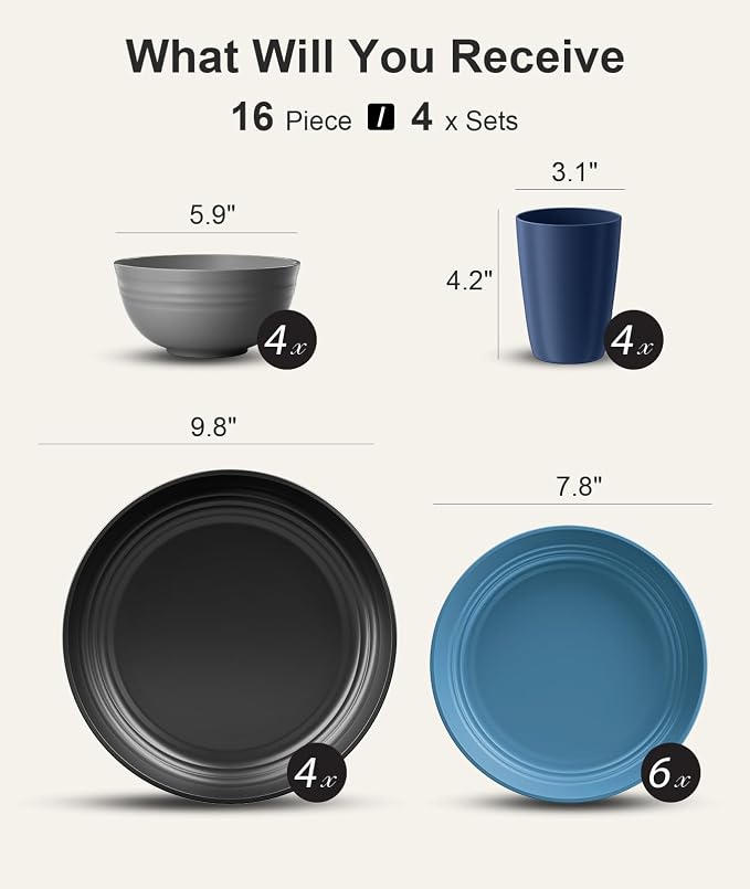 Quatish 16 Pcs Unbreakable Plates and Bowls, Plastic Dinnerware Sets for 4, Reusable Dish Set for Camping, Dishwasher Microwave Safe, Outdoor Kitchen and Apartment Dinning RV Essentials, Blue