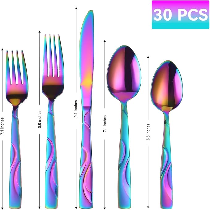 30-Piece Rainbow Silverware Set for 6 | Grade 430 Stainless Steel Colorful Flatware Set, Cutlery Set Service for 6, including Fork Spoon and Knife, Dishwasher Safe