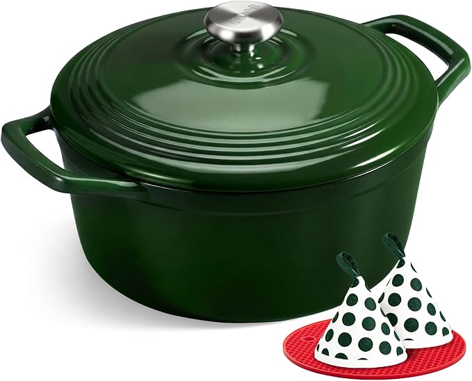 Overmont Enameled Cast Iron Dutch Oven - 5.5QT Pot with Lid Cookbook & Cotton Potholders - Heavy-Duty Cookware for Braising, Stews, Roasting, Bread Baking Bamboo Shadow