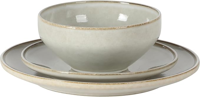 Gibson Elite White Sands Plates and Bowls Sets, 12-Piece Stoneware Dinnerware Sets, Reactive Glaze Dish Set - Moonstone White