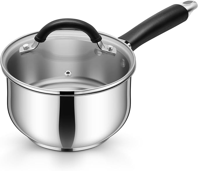 P&P CHEF 2 Quart Stainless Steel Sauce Pan Pot with Lid, Small Saucepan | For Induction Cooking & Multi Stoves, Multipurpose Pot with Visible Glass Lid & Silicone Handle, Rust Free & Dishwasher Use