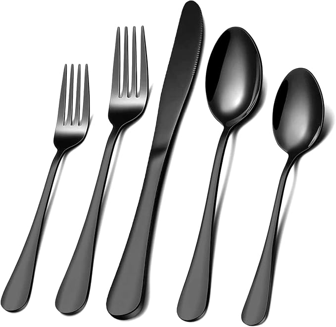 Black Silverware Set for 8, 40 Pieces Stainless Steel Flatware Cutlery Set, Mirror Polished Tableware Kitchen Utensil Set, Include Knives Spoons Forks, Dishwasher Safe (Shiny Black)