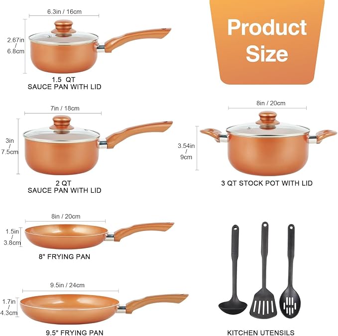 M MELENTA Pots and Pans Set Ultra Nonstick, Pre-Installed 11pcs Cookware Set Copper with Ceramic Coating, Stay cool handle & Nylon Kitchen Utensils, Gas/Induction Compatible, 100% PFOA Free | Compact Nonstick Cooking Set, Induction Cookware Set, PFOA &...