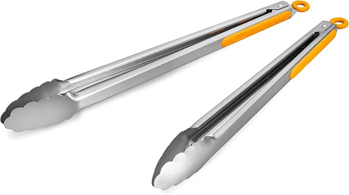 304 Stainless Steel Kitchen Cooking Tongs, 14 & 16 Inch, Set of 2, Orange | Locking Food Tongs with Non-slip Grips and Hanging Loops for Cooking, Grilling, BBQ and Serving, Dishwasher Safe
