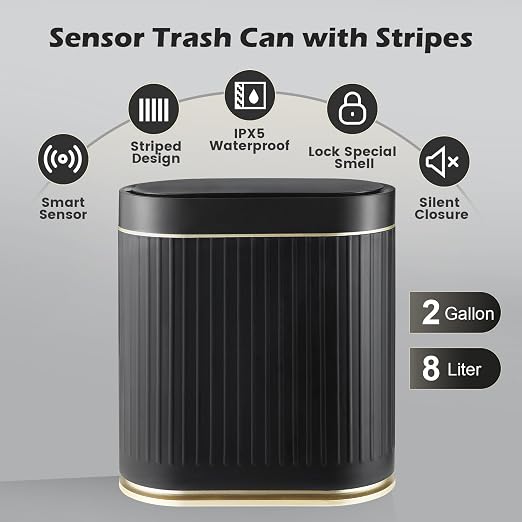 SYNCVIBE Bathroom Sensor Trash Can with Lid, 2 Gallon, Black Gold | Automatic Garbage Can, 7.5 Liter Smart Trash Bin, Slim IPX5 Waterproof Plastic Wastebasket for Bedroom and Office
