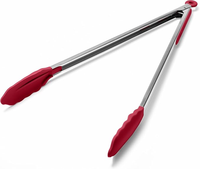 Doosu Kitchen Tongs with Silicone Tips for Cooking Serving (16in, Red) | 600°F Heat Resistant Food Tong, Heavy Duty Stainless Steel Locking Tong for BBQ, Grilling Steak, Salad, Toast, Pasta