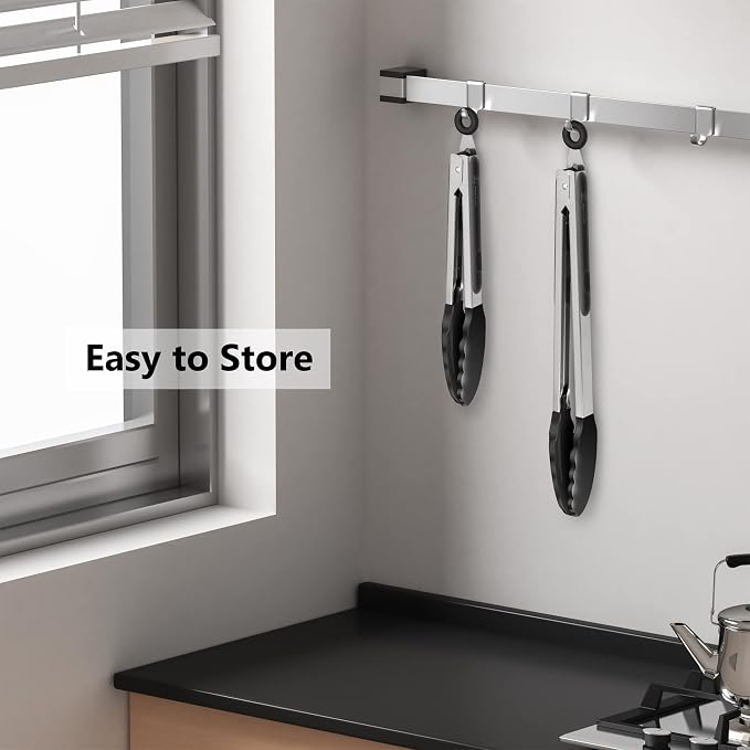 2 Pack Silicone Kitchen Tongs, 9 & 12 Inch, Stainless Steel, Black