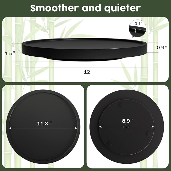 Lazy Susan for Table, 12 Inch Non-Skid Bamboo Turntable Organizer | Salt Pepper Spices and Olive Oil Next to Stove, Wooden Rotating Tray for Kitchen Countertop Organizer, Black