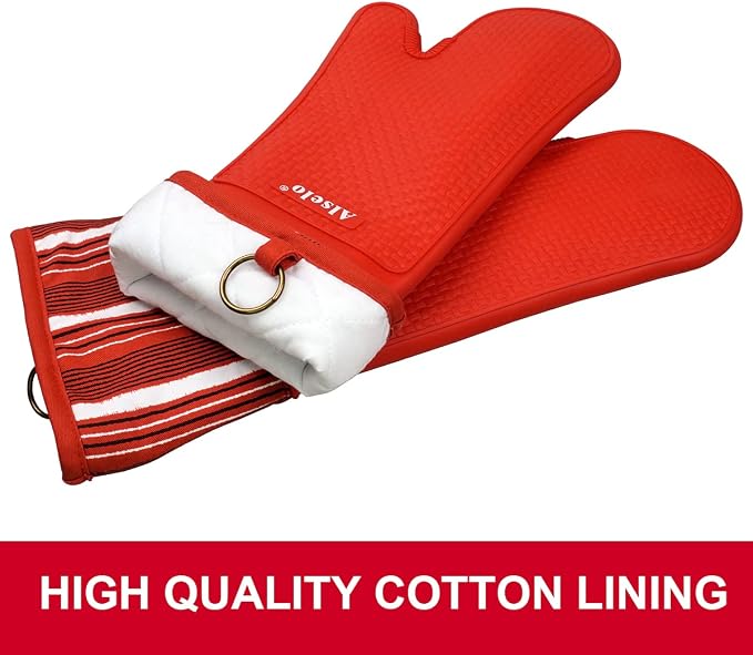 Alselo Silicone Oven Mitts Set, Heat Resistant 550 Degree,7.5"x16" | Extra Long Kitchen Mittens,Waterproof & Non-Silp Oven gloves for Baking Cooking Barbecue Microwave (Extra Long Red, 2)
