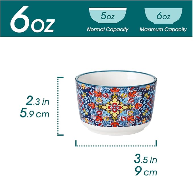 vancasso 6 Oz Ramekins Oven Safe Set of 6, Ceramic Baking Souffle Dishes | Bohemian Ramekins for Creme Brulee, Souffle, Custard, Pudding, Small Bowls for Dipping Sauce, Ice Cream