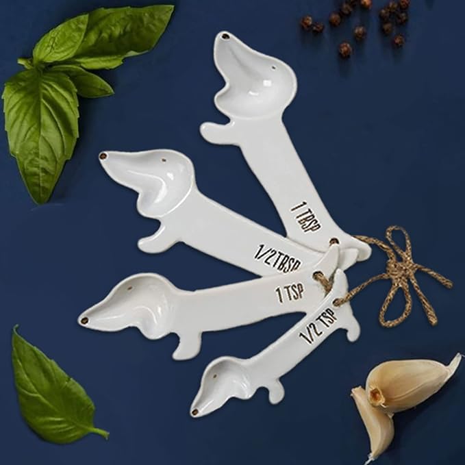 Dachshund Measuring Spoons, Ceramic, Set of 4, Dog Lover Gifts | Weiner or Wiener Dog Themed Kitchen Baking Tools, White Ceramic, Gift for Dachshund Lovers