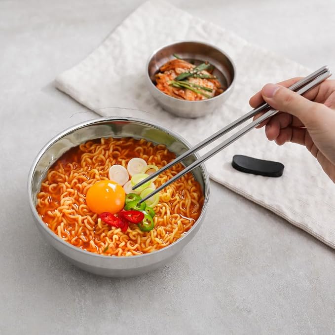 4 Pack 40 Oz Stainless Steel bowl set with chopsticks, Metal Double=walled Insulated noodle bowl, cereal, Ice Cream, Soup, Korean Ramen, 7 Inch