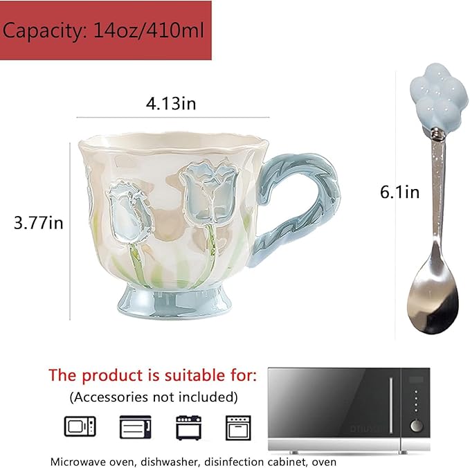 DTIUYIOP-Ceramic Coffee Mug 14oz/410ml Blue Cute Flower with Spoon | a funky coffee mug, Novelty Cute Ceramic,Lead-Free Gloss Glazed,DrinkingCup, Ideal Gift for Birthday Holiday