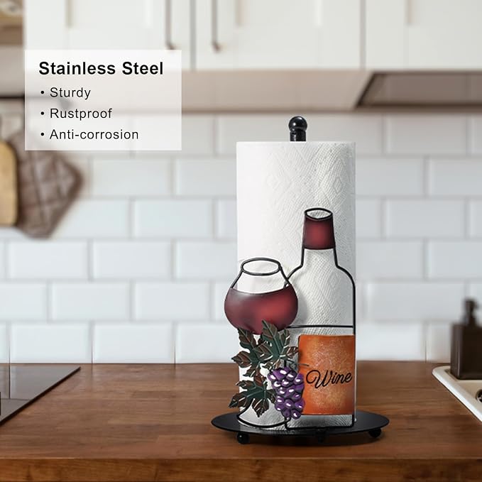 Red Wine Paper Towel Holder Countertop for Kitchen, Freestanding | Grape & Wine Decor Gifts, Cute Rustic Country Vintage Farmhouse Kitchen Decorations, Roll Dispenser with Weighted Base