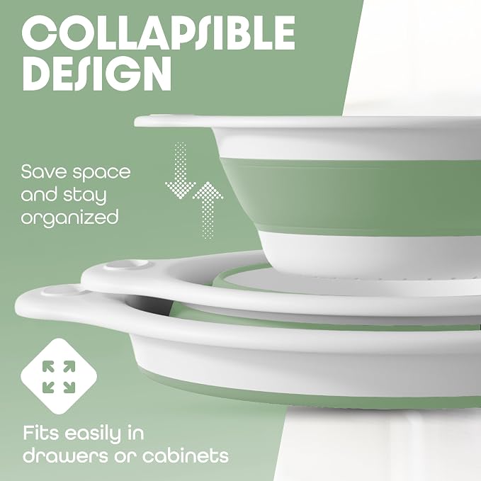 Gevoli Collapsible Colanders (3 Pack Set) Food Strainers with Over-Sink Water Draining Base for Pasta Fruits and Vegetables, White/Sage (3 Sizes, 3QT, 4QT and 5 Quart)