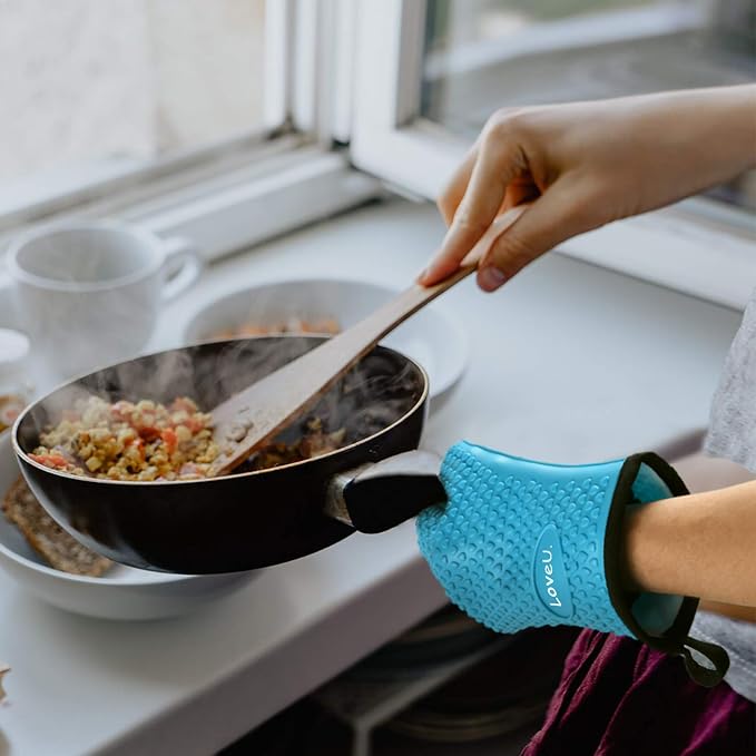 Silicone Oven Mitts Gloves - Heat Resistant, Non-Slip for BBQ, Grilling | 450°F Double-Layer｜Waterproof Kitchen Cooking Barbecue Mittens ｜5 Finger Hot Mitt for Baking, Smoker& Cast Iron(One Size)
