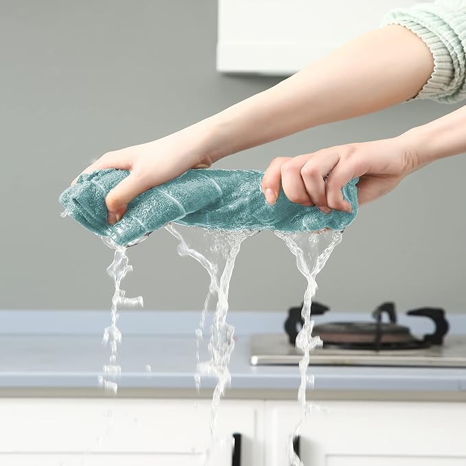 Puomue Microfiber Kitchen Towels and Dishcloths Set, 26 X 18 Inch and 12 X 12 Inch, Set of 12 Bulk Lint Free Dish Towels for Drying Dishes, Lake Blue