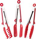9" Kitchen Tongs for cooking with Silicone Tips, 3Pcs Serving Tongs, Red | Small Silicone Tongs mit kickstand, Food Grade, 3 different type of tongs, Stainless Steel