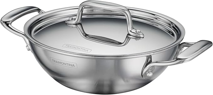 Tramontina Utsava Tri-Ply Clad Stainless Steel 1.8-Quart Kadai with Lid | Ceramic Non Stick Interior, Induction-Ready Small Kadhai Pot for Indian Cooking