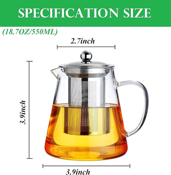 Mini Size Glass Teapot Tea Kettle-with Stainless Steel Removable Infuser for Blooming Tea & Loose Leaf Tea, Microwave & Stovetop Safe, 550ML/19.3oz (S-550)