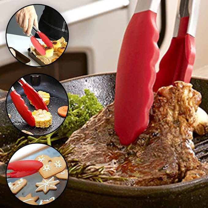 7 inch Small Serving Tongs with Silicone Tips 3 Pack(Red) | Stainless Steel Handle, Non-Scratch, Heat Resistant