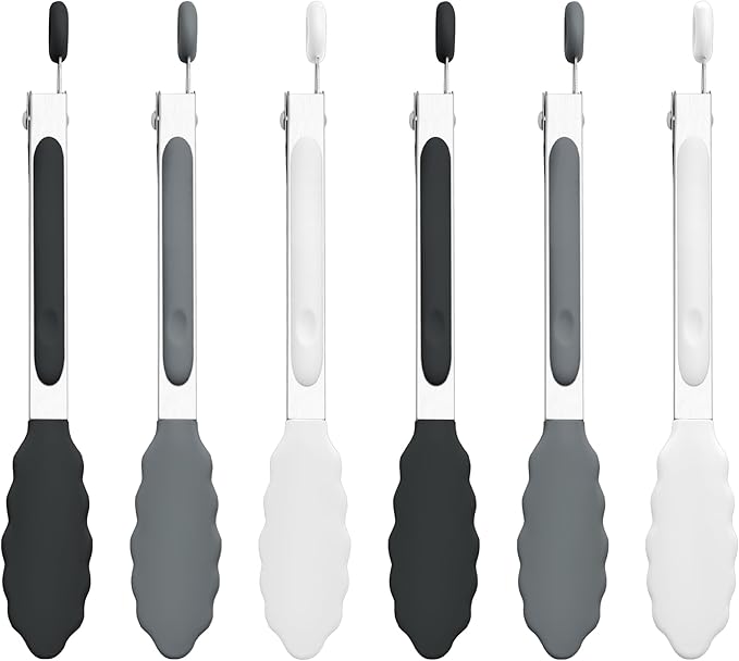 6PCS 7-Inch Silicone Tongs Set, Stainless Steel Tongs with Silicone Tips | Heat-Resistant Small Tongs For Cooking, Serving, Grilling | Dishwasher Safe | Black/White/Gray