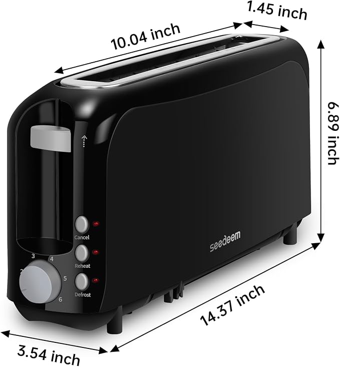 SEEDEEM 2 Slice Slim Toaster, 10" Long Slot, 6 Shade Settings, Black | Long Slot, 6 Shade Settings, Cancel/Reheat/Defrost, Removable Crumb Tray