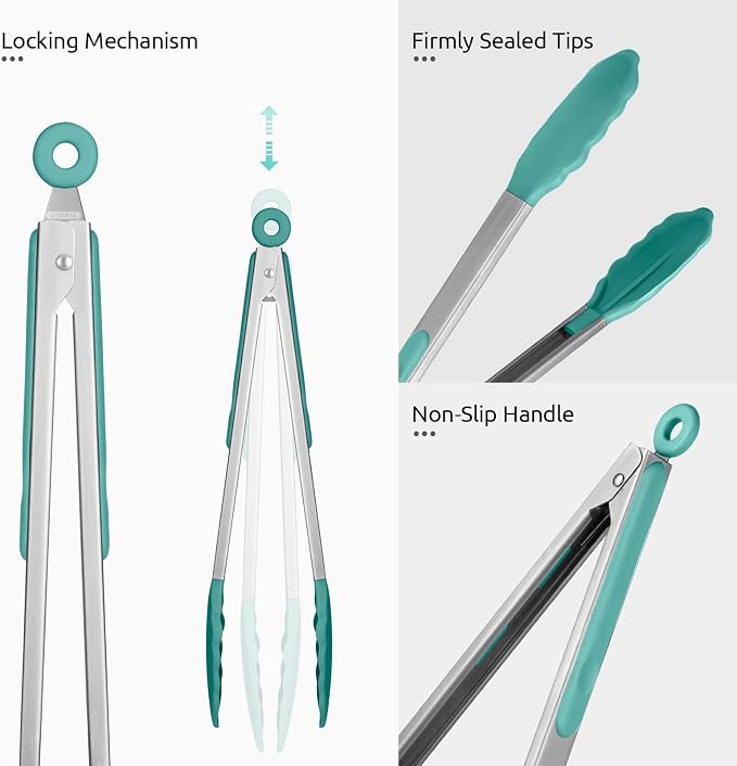 U-Taste Kitchen Tong for Cooking, 600ºF Heat-Resistant Tps, 12in/Aqua Sky | Large Tongs for Serving Food, Big Rubber Tong for Grill/BBQ, Silicone Tips & 18/8 Stainless Steel Handle, Smooth Locking