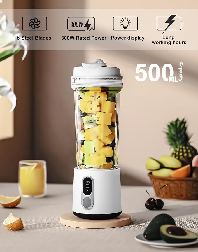 Portable Blender 17 oz (500ml) for Shakes & Smoothies, USB-C Rechargeable 4000mAh, 6 Stainless Steel Blades, Cordless Personal Travel Blender for Gym, Kitchen, Outdoor
