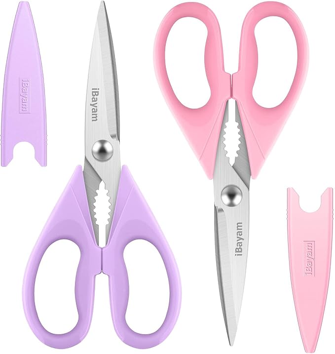 iBayam Pastel Kitchen Scissors All Purpose Heavy Duty & Cover, Pink/Purple | Dishwasher Safe, Comfort Grip, 8.7" Stainless Steel Sharp Food Scissors Poultry Shears Kitchen Utensils Accessories, 2-Pack