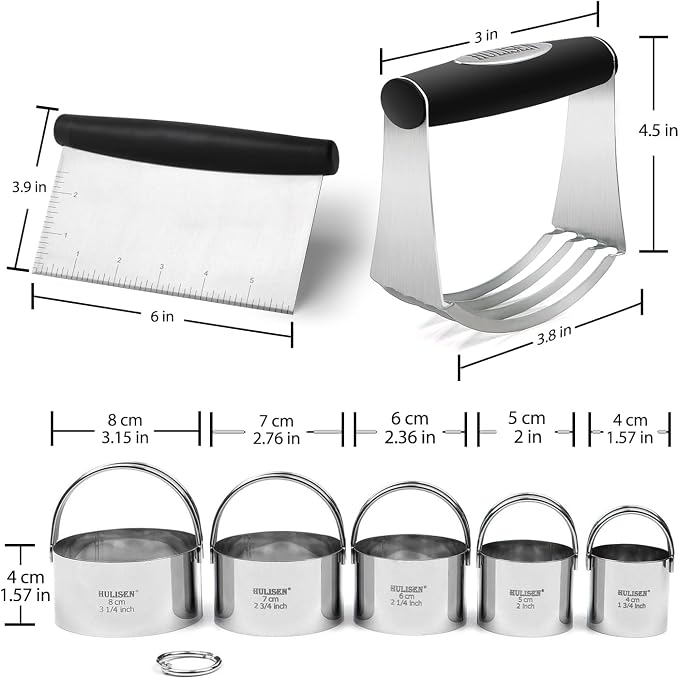 HULISEN 5-Pc Biscuit Cutter Set with Handle, Pastry Scraper, Dough Blender | Stainless Steel, Dishwasher Safe, Etched inch/cm Markings, Gift Package, Ergonomic Rubber Grip, Professional Baking Tools