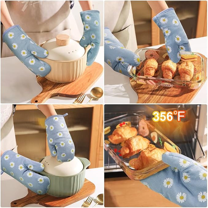 AUAUY Oven Mitts and Pot Holders 4PCS Set, 392°F Heat Resistant, Daisy-Blue | Cooking Gloves and Hot Pads Baking Mittens, Grilling Gloves BBQ Gloves Non-Slip Kitchen Mittens for Oven Cooking Baking BBQ