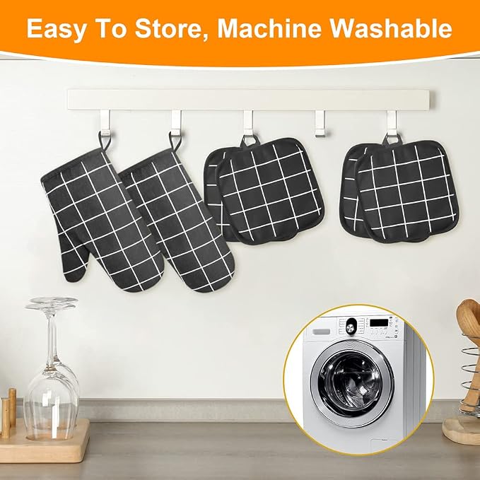 AUAUY Oven Mitts and Pot Holders 6PCS Set, 392°F Heat Resistant, Black | Cooking Gloves and Hot Pads Baking Mittens BBQ Gloves, Top Kitchen Gadgets, Non-Slip Kitchen Mittens for Oven Baking Grilling