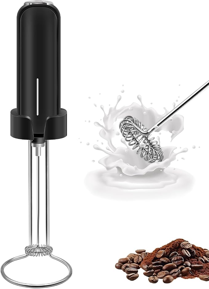 Milk Frother Handheld Battery Operated, Electric Whisk Foam Maker, Handheld Drink Mixer, Mini Frother Wand with Stainless Steel Whisk for Coffee, Cappuccinos, With Stand and Storage Hook