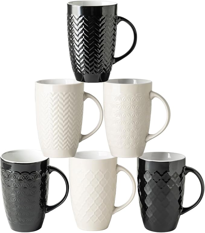 AmorArc 20 oz Large Coffee Mugs Set of 6, Tall Ceramic Coffee Cups | 3 Assorted Designs, Embossed Ceramic Coffee Mugs with Large Handle for Coffee/Tea/Cappuccino, Dishwasher&Microwave Safe