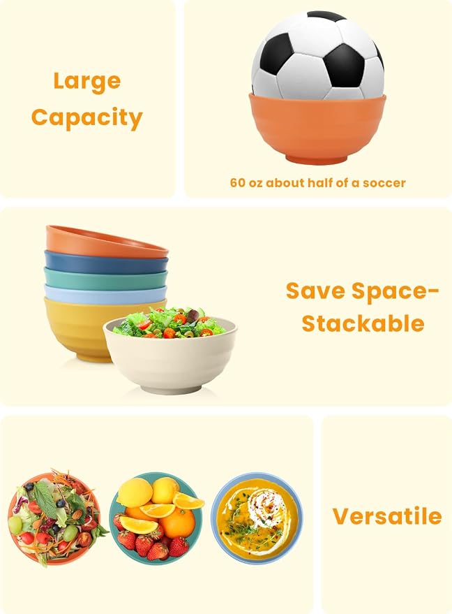 Large Bowl Set of 6, 60 oz Unbreakable Wheat Straw Bowls, Microwave Safe & Reusable for Salad, Cereal, Soup, Ideal for Camping, Picnic, Family Dining (Multi)