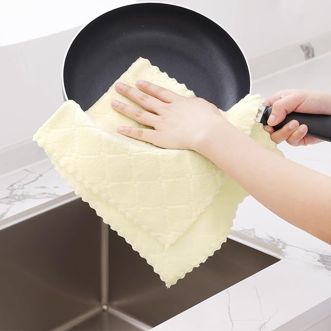 Homaxy 12 Pack Super Soft Absorbent Dish Towels, 10" x 20", Cream Yellow | Coral Velvet, Nonstick Oil Fast Drying Microfiber Cleaning Cloth, No Lint Dishcloths for washing and drying