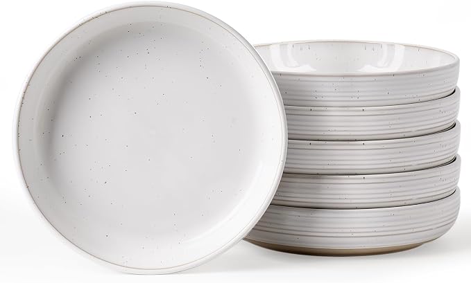 famiware Milkyway 33 oz Pasta Bowls Set of 6, White with Speckles | Double Reactive Glaze, Scratch-Resistant Stoneware Salad Bowls, Stackable, Dishwasher & Microwave Safe, Lead-Free