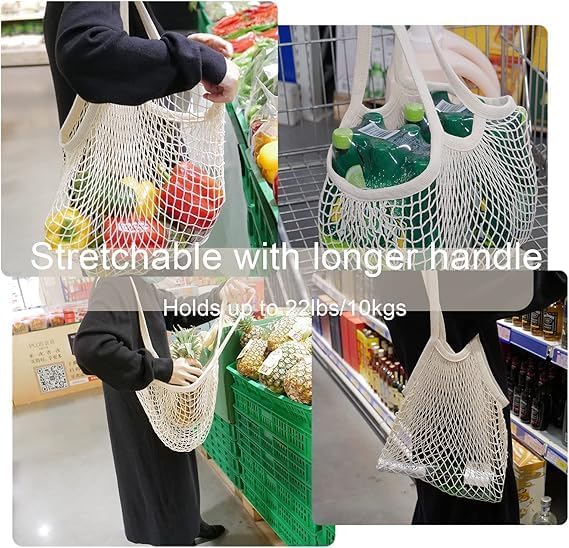 meetall Mesh Grocery Bags, Reusable Tote Bags with Sturdy Long Handles, Washable Eco Friendly Cotton String Net, for Shopping & Produce Storage, 5 Pack 5 Colors (Off White/Pink/Blue/Red/Black)