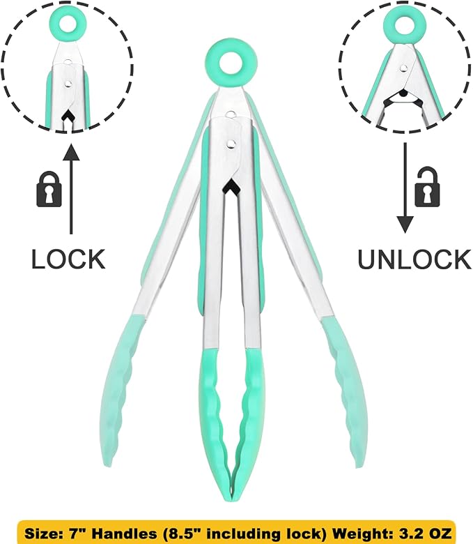 HINMAY Mini Tongs with Silicone Tips 7-Inch Cooking Tongs, Set of 3 (Mint)