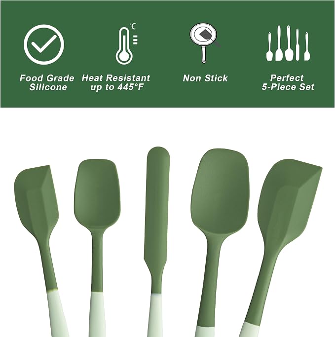 Silicone Spatula Set,5 Piece Food Grade Rubber Spatulas,Double-Green | Spatulas Silicone Heat Resistant for Baking,Cooking,and Mixing High Heat Resistant Non Stick Dishwasher Safe BPA-Free