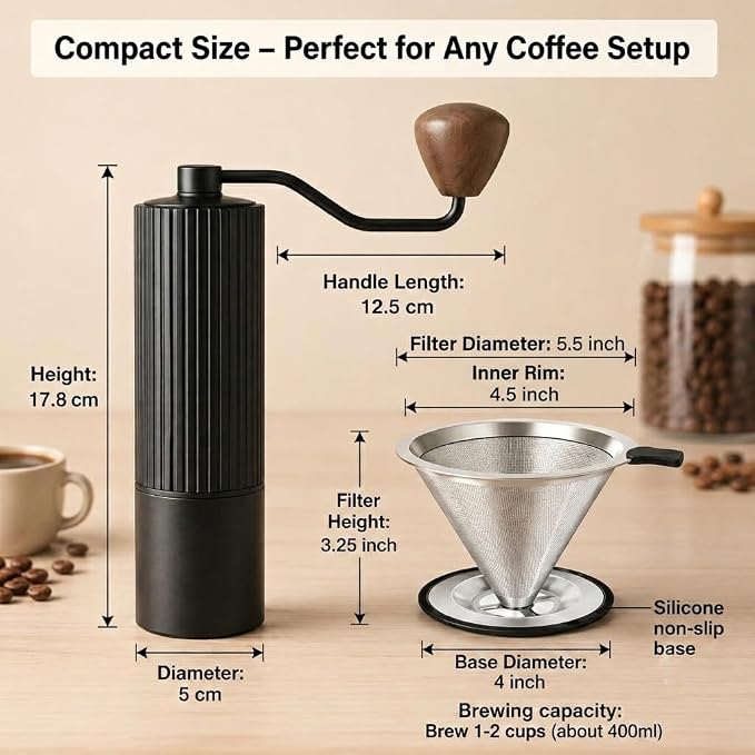 Manual Hand Coffee Grinder with Stainer, Adjustable 40mm Stainless Steel Burr, Portable Hand Crank Coffee Mill, 30g Capacity for Espresso, Turkish & French Press, Aluminium Body with Walnut Handle