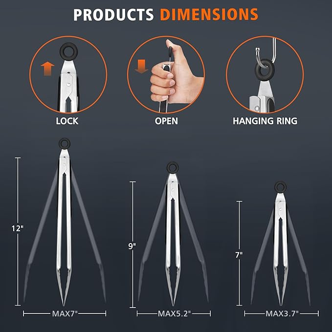 Hotec Stainless Steel Kitchen Tongs, Locking Metal Food Tongs for Cooking, Serving, BBQ, Grill & Air Fryer with Non-Slip Grip, Set of 3-7", 9" and 12"