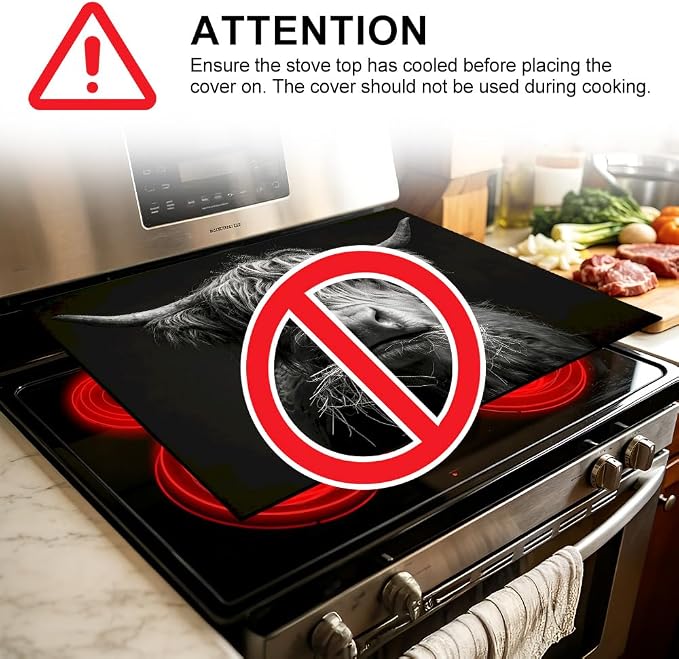 Highland Cow Stove Top Cover, Black and White Farmhouse Style, 28x20 Inch | Highland Cow Face Graphic on Black, Non-Slip Washable Cooktop Protector Mat for Glass & Electric Stoves