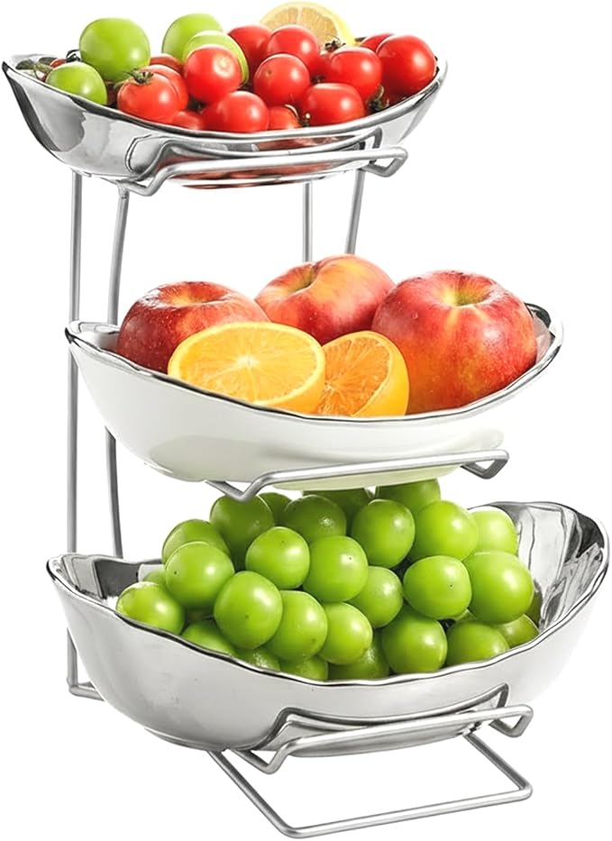 Gold Silver Fruit Bowl with Metal Stand, 3 Tier Ceramic White Fruit Bowl Fruit Rack for Kitchen Counter, Tiered Fruit Basket for Snacks Bread Candy Storage (Silver (Smooth Surface))