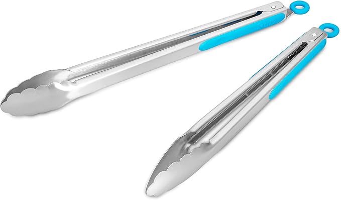 304 Stainless Steel Kitchen Cooking Tongs, 12 & 14 Inch, Set of 2, Blue | Locking Food Tongs with Non-slip Grips and Hanging Loops for Cooking, Grilling, BBQ and Serving, Dishwasher Safe