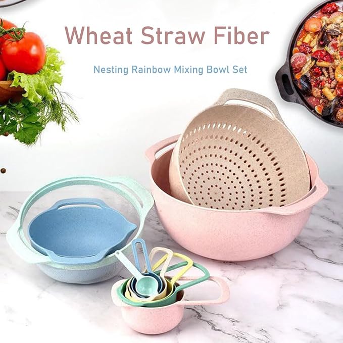Mixing Bowls, Nesting Baking Bowls with Colander & Fine Mesh (Wheat-10PCS) | BPA-Free, Lightweight, Impact-Resistant, Rinse, Drain, Measure, Repeat, Colorful — Without the Risk.