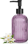 Topsky Stripe Glass Soap Dispenser with Black Plastic Pump, 400ml Liquid Hand Soap Dispenser, Rustproof Pump for Kitchen & Bathroom, Great for Lotions, Essential Oil, Liquid Soaps-Purple